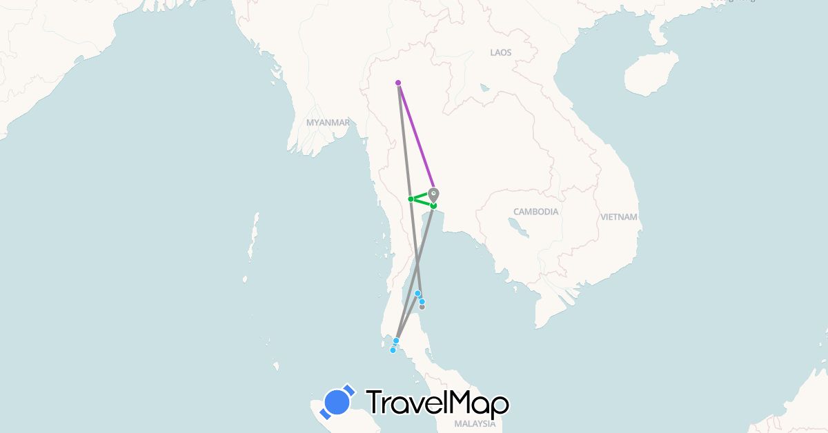 TravelMap itinerary: driving, bus, plane, train, boat in Thailand (Asia)